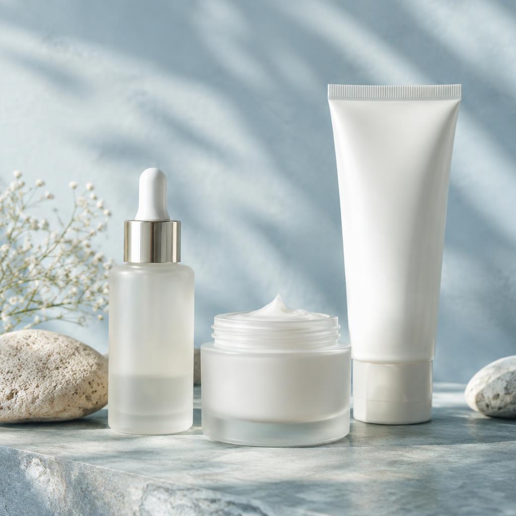 Unlabeled skincare routine products on pale stone
